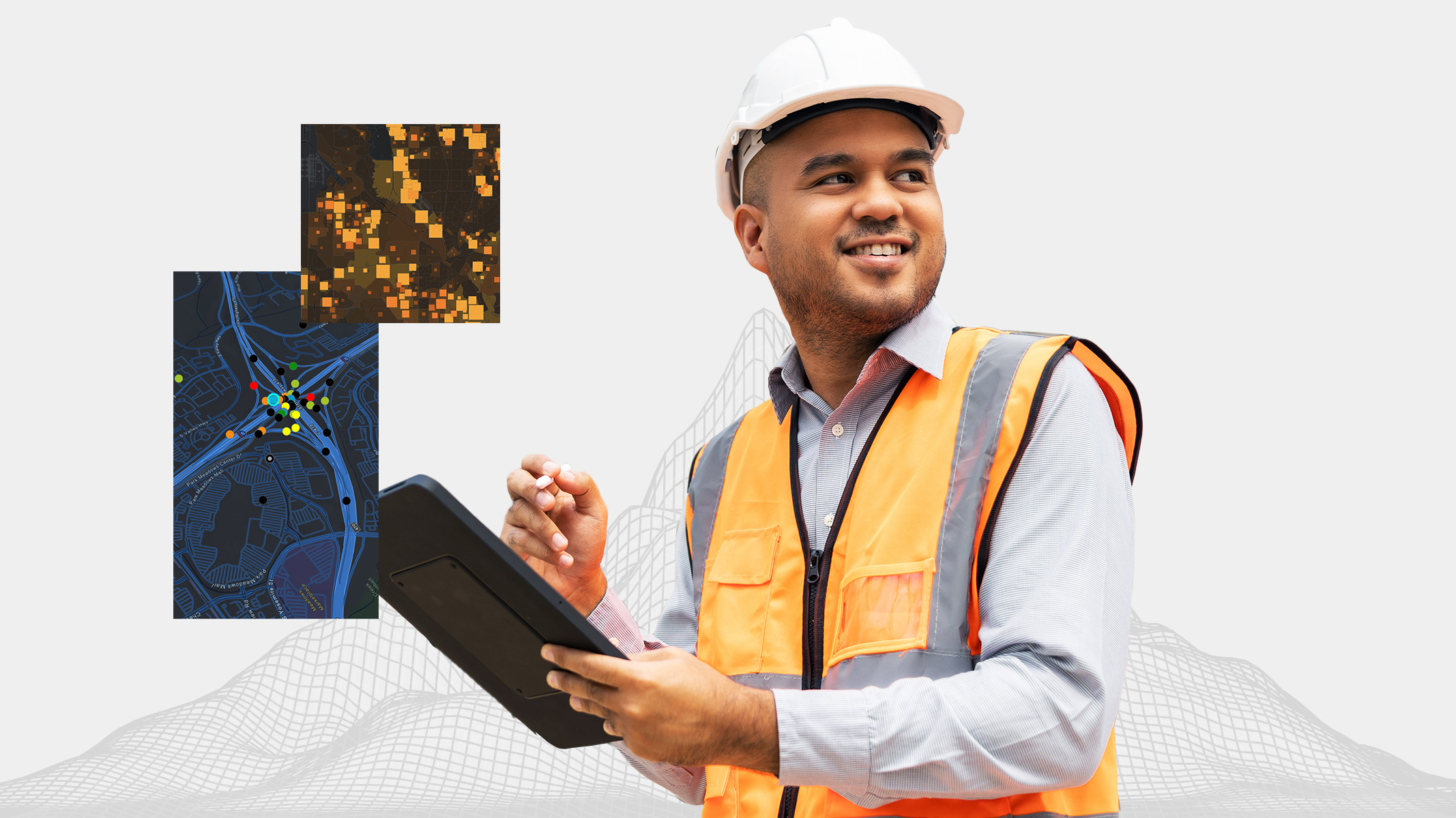 A mobile worker with a hard hat and orange safety vest reviews data on a tablet with an inset image of a blue map