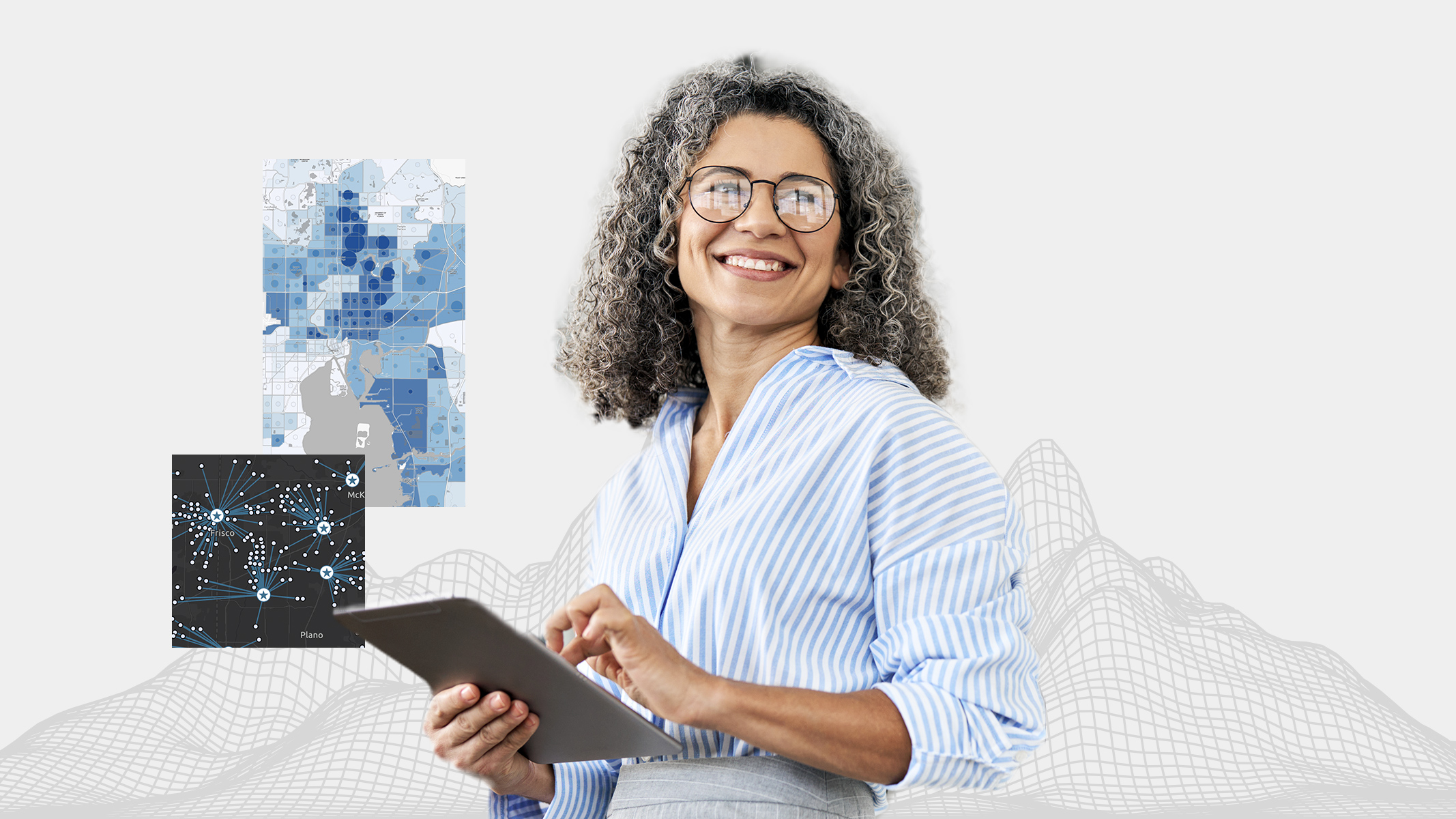 A woman working on a tablet to view geospatial data and 2 small inset images of maps