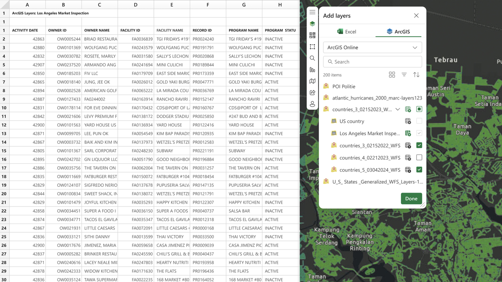 A spreadsheet of data on the left and an ArcGIS for Excel map interface with various data layers activated on the right