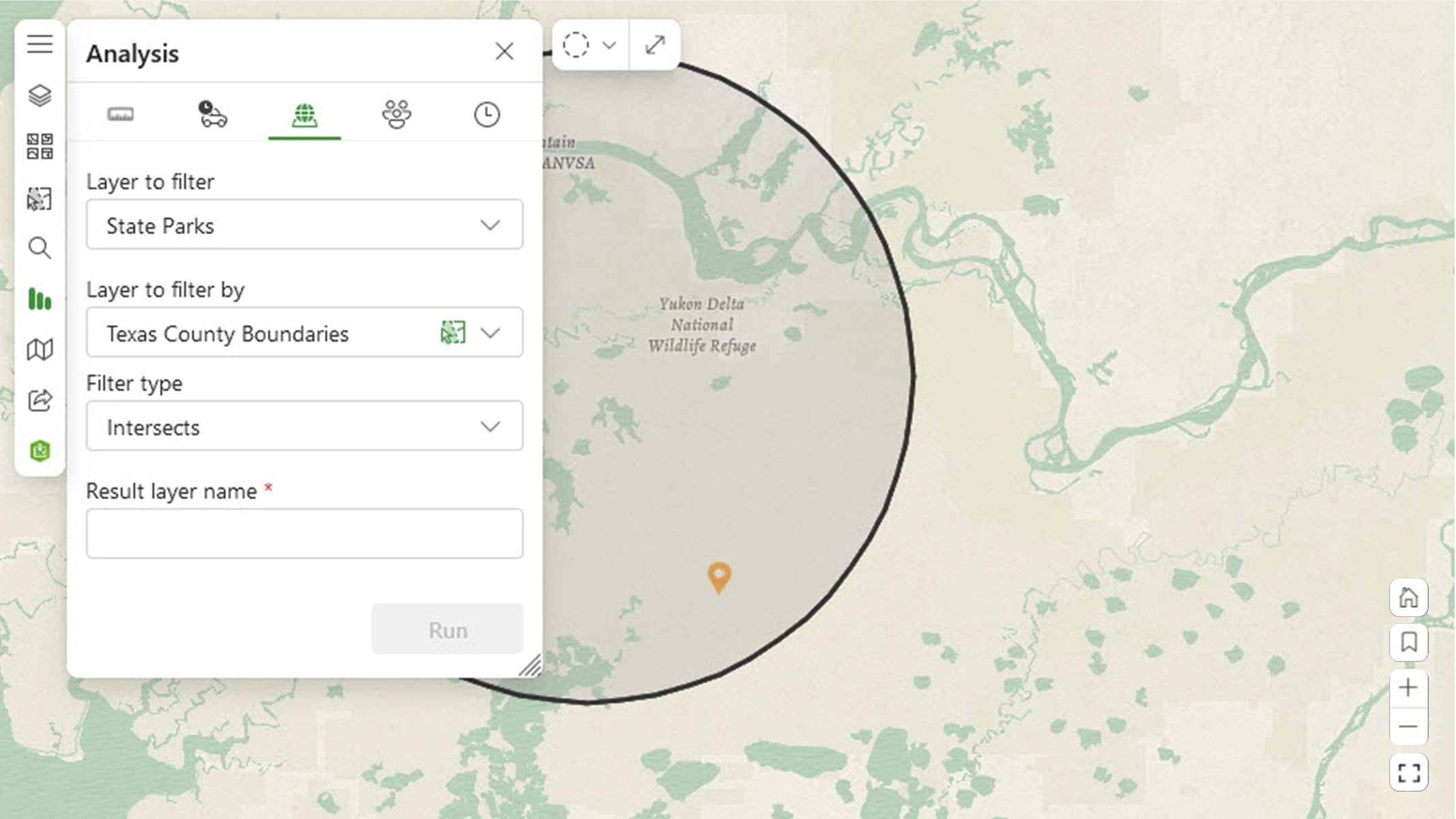 A beige map with a circle in black and an inset snippet of ArcGIS for Excel interface showing a map analysis tool 