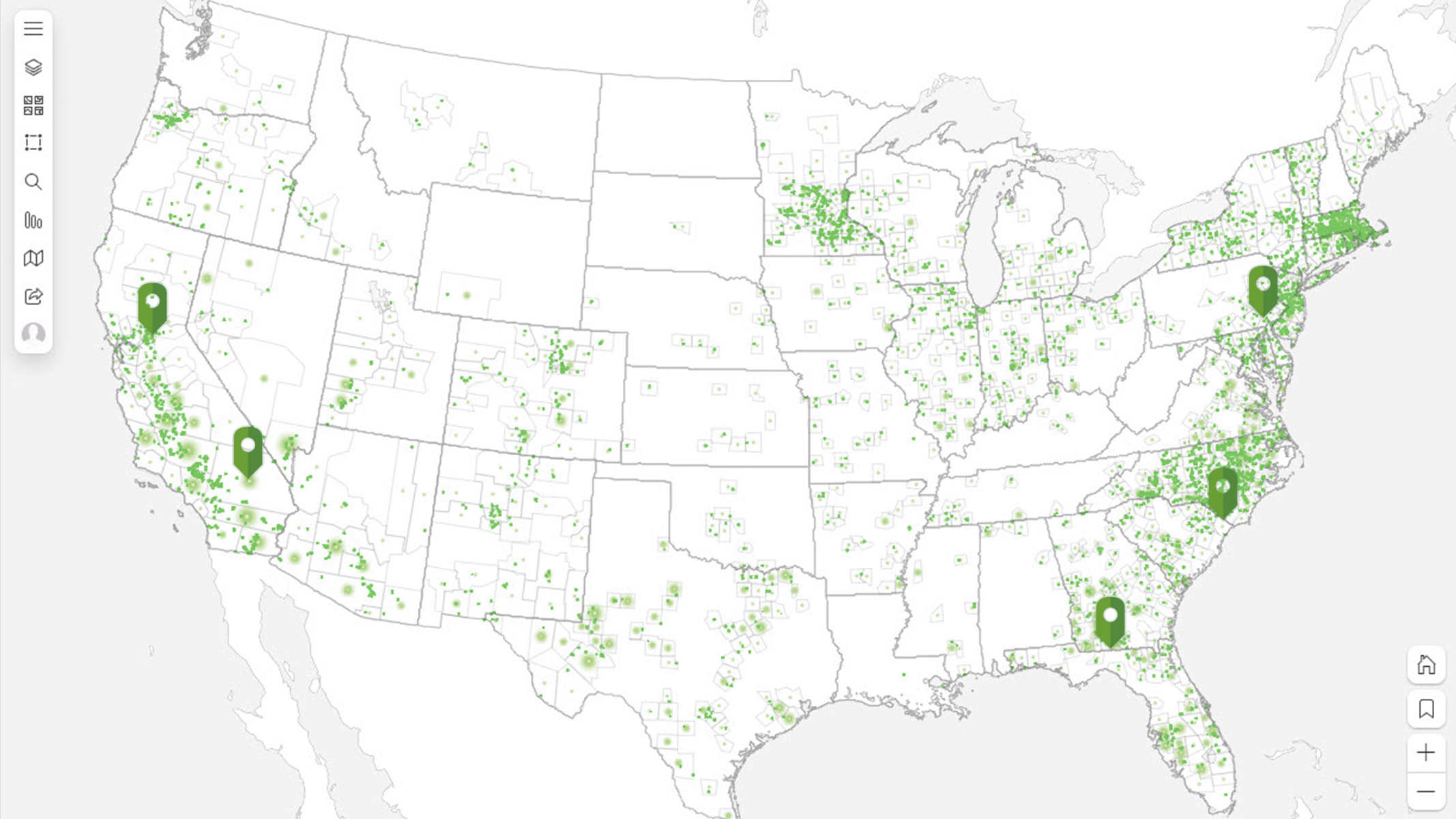 ArcGIS for Excel map of the United States showing several locations marked with a green map pins