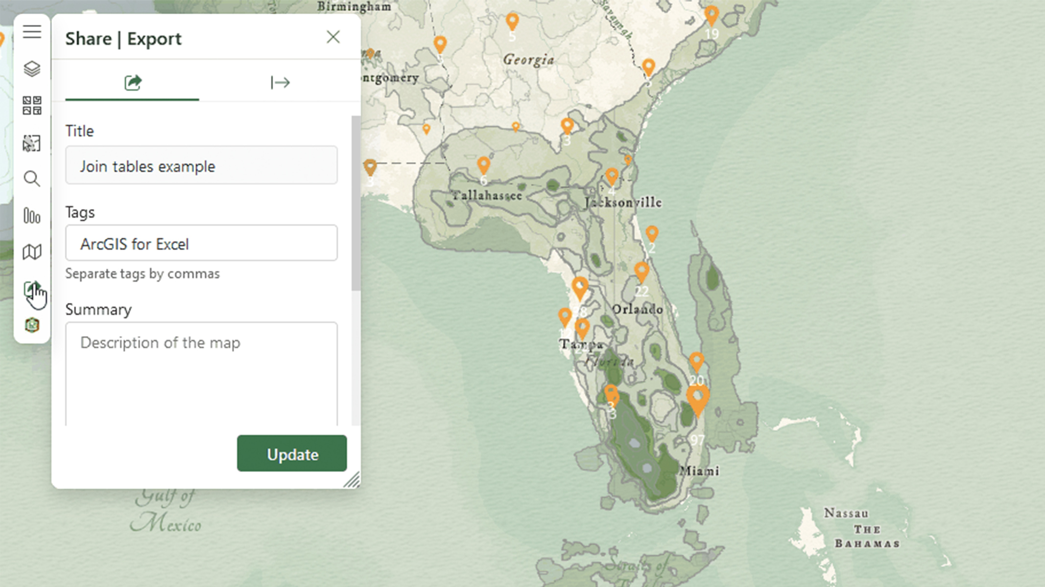 ArcGIS for Excel map of Florida with data points overlaid alongside a pop-up window with share or export map option
