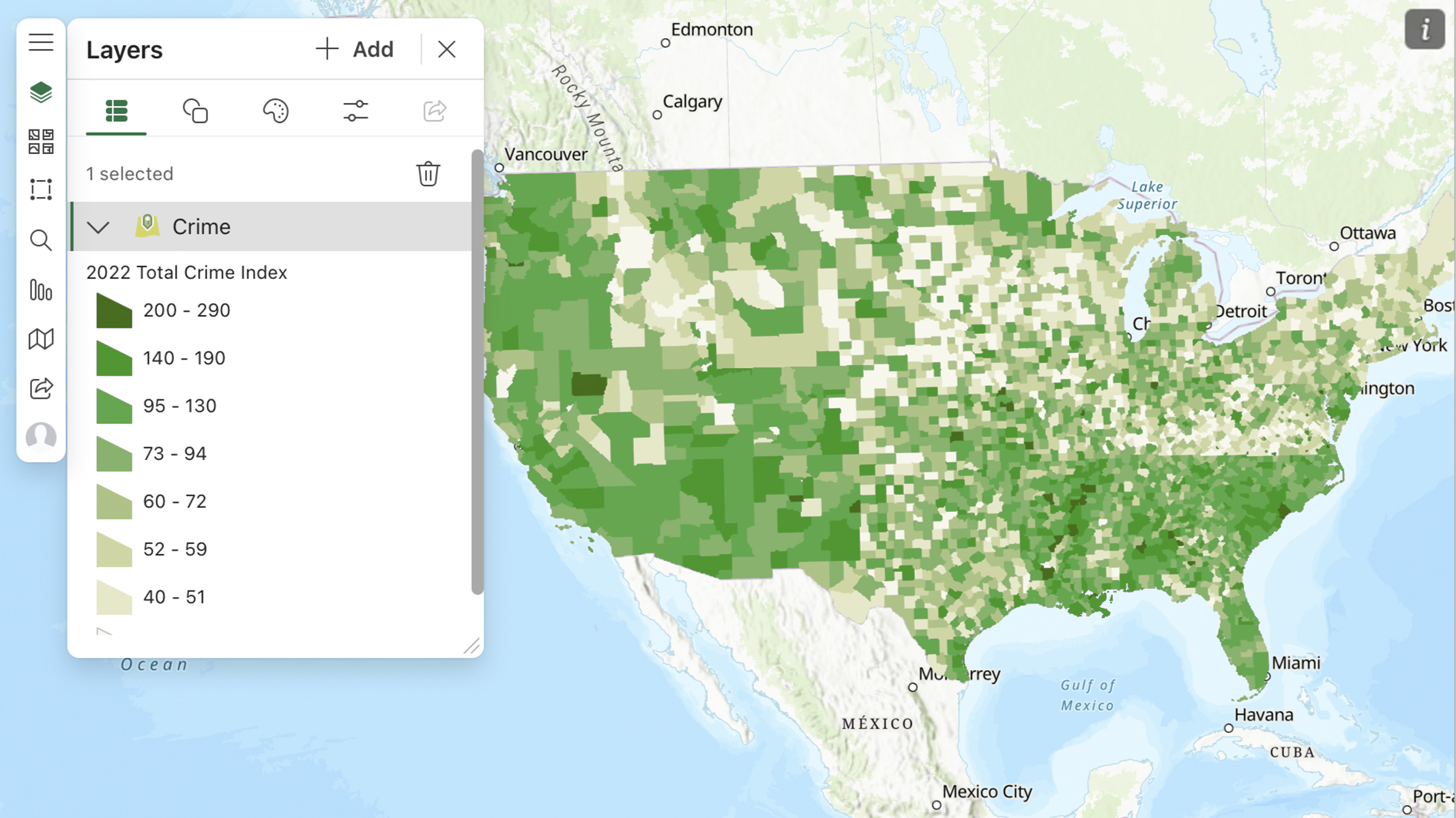 ArcGIS for Excel map in green and beige displays geospatial data across the United States