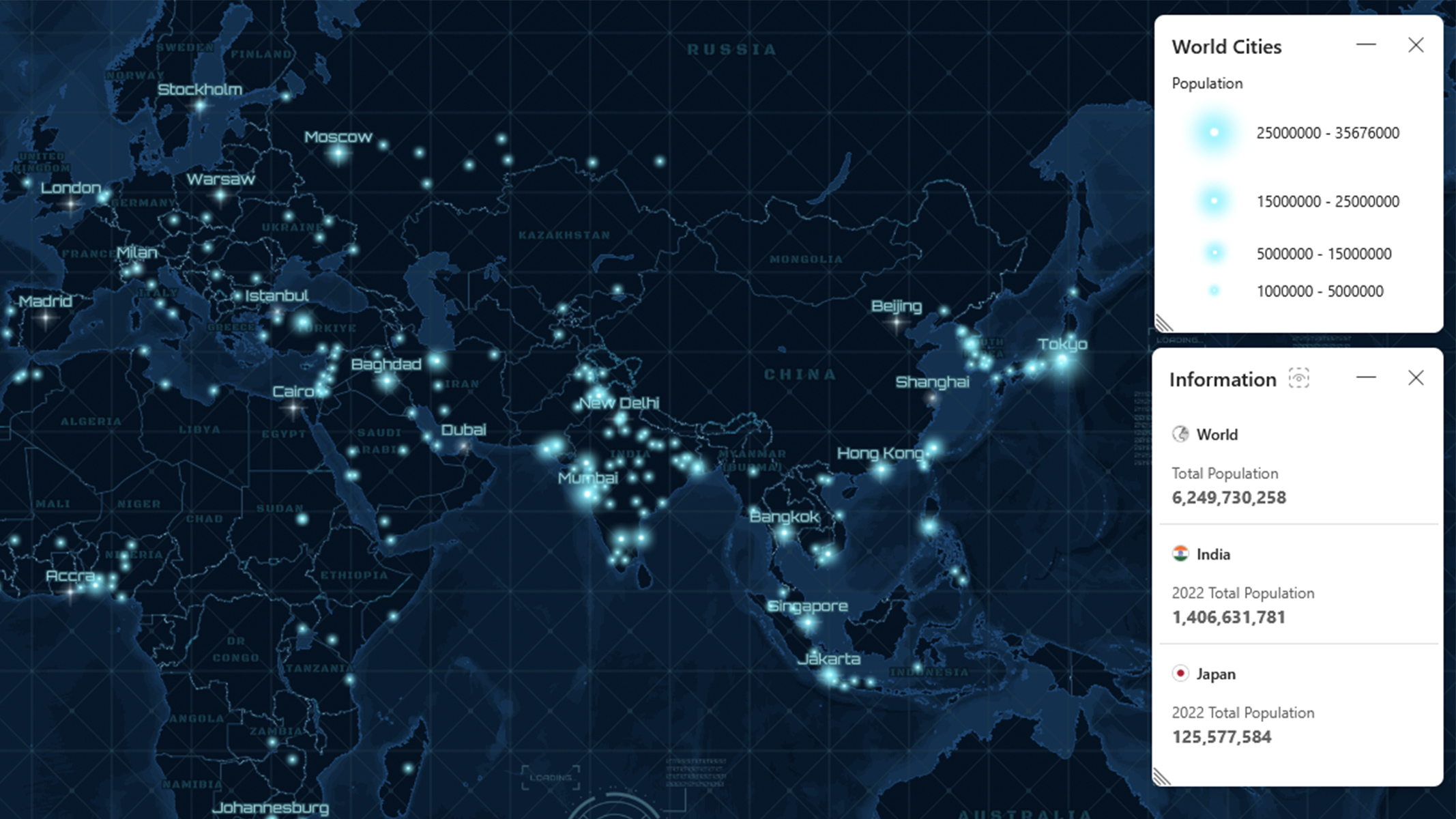 ArcGIS for SharePoint interactive world map in black and blue showing population data and scattered white data points
