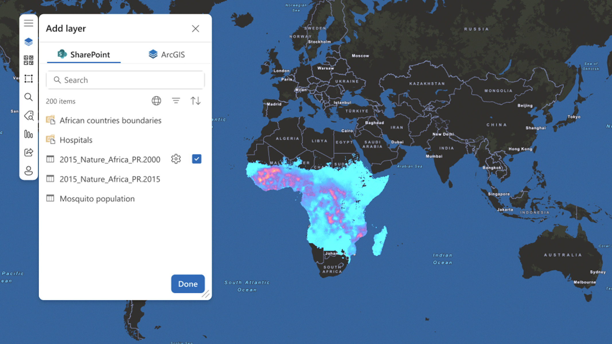 ArcGIS for SharePoint world map with the land in black and ocean in blue and an inset layer control panel