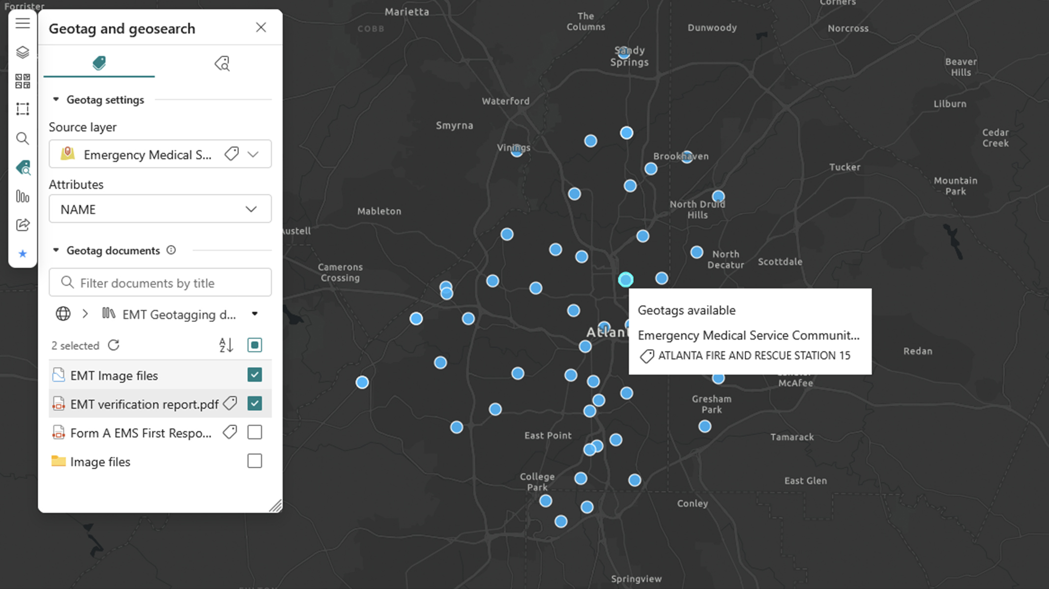 A black ArcGIS for SharePoint map showing geotagged data points with blue scattered circles and an inset geotag pop-up window