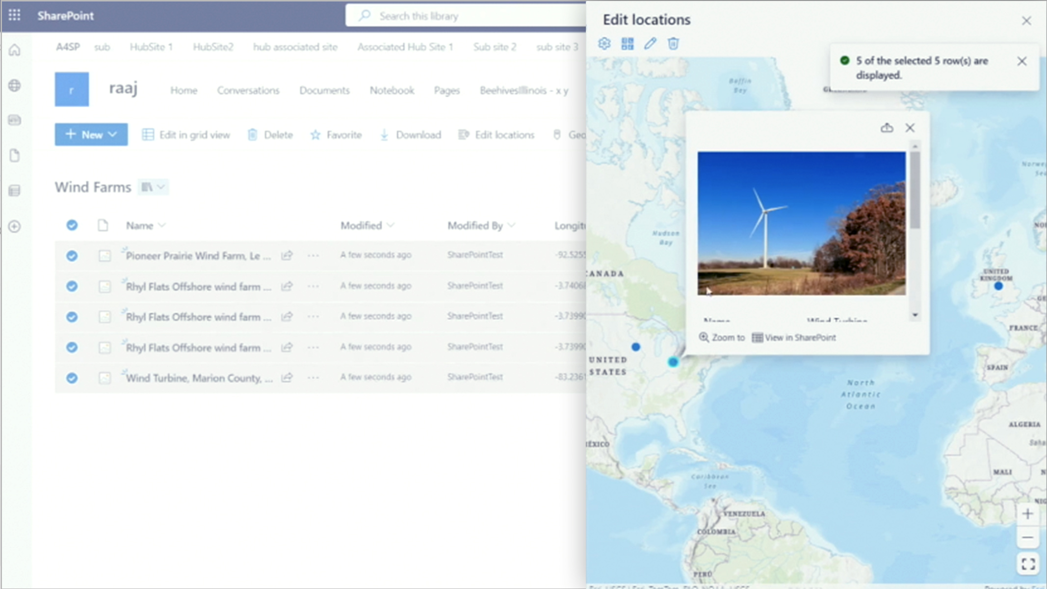 ArcGIS for SharePoint interface with a map displaying wind farm locations on the right and a list in SharePoint on the left