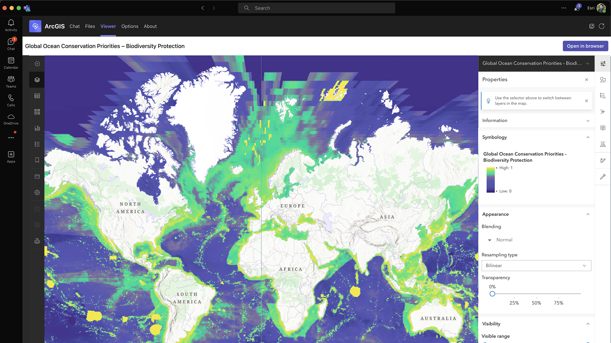 World map open in ArcGIS for Teams with color-coded areas and a sidebar that displays map properties and tools for customization