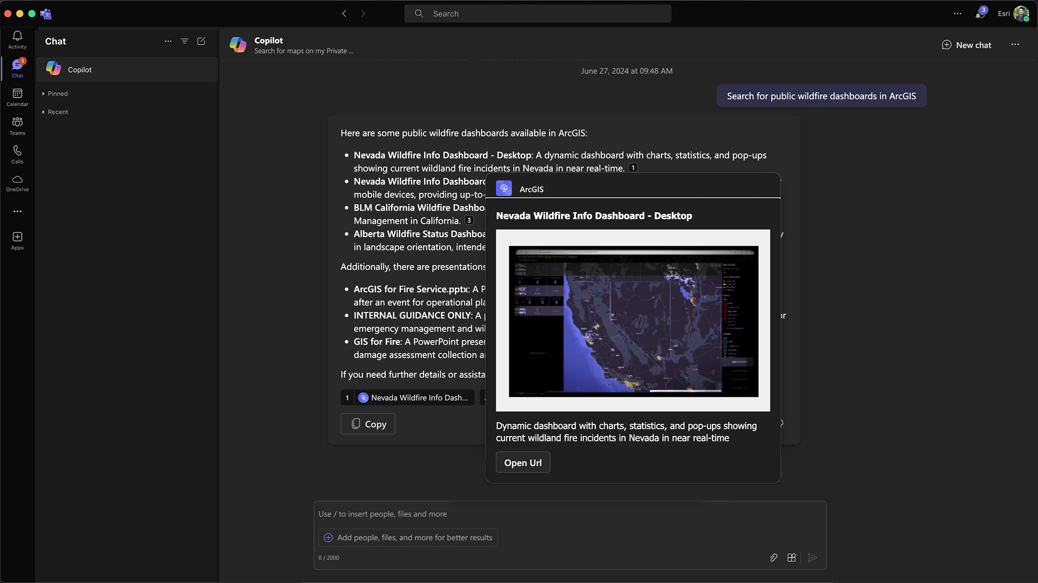 Image of a Teams chat with thumbnail image of a map and buttons to open or share a map