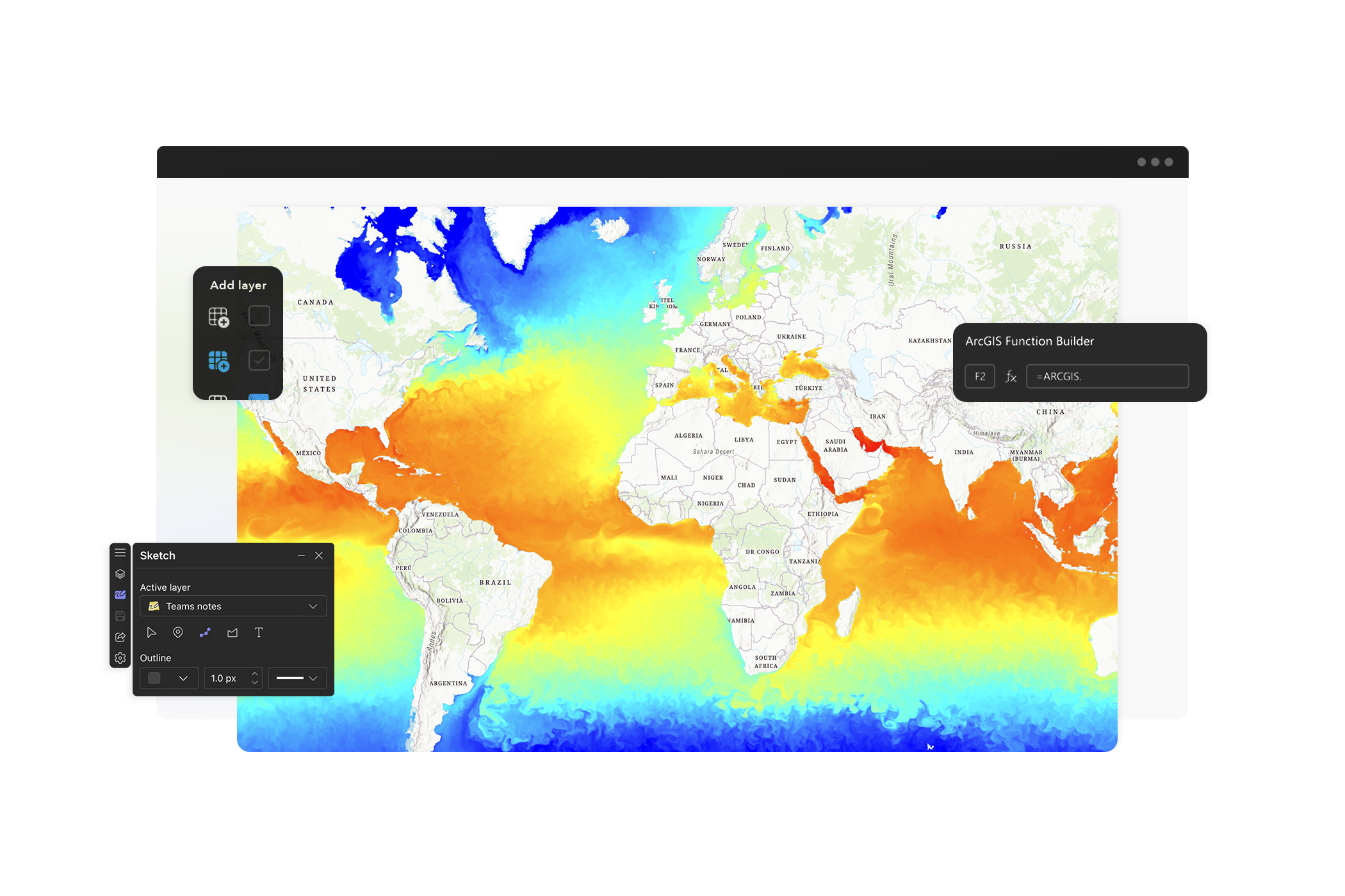  World map displaying ocean temperatures in blue, orange, and yellow with snippets of ArcGIS for Microsoft 365 interface 