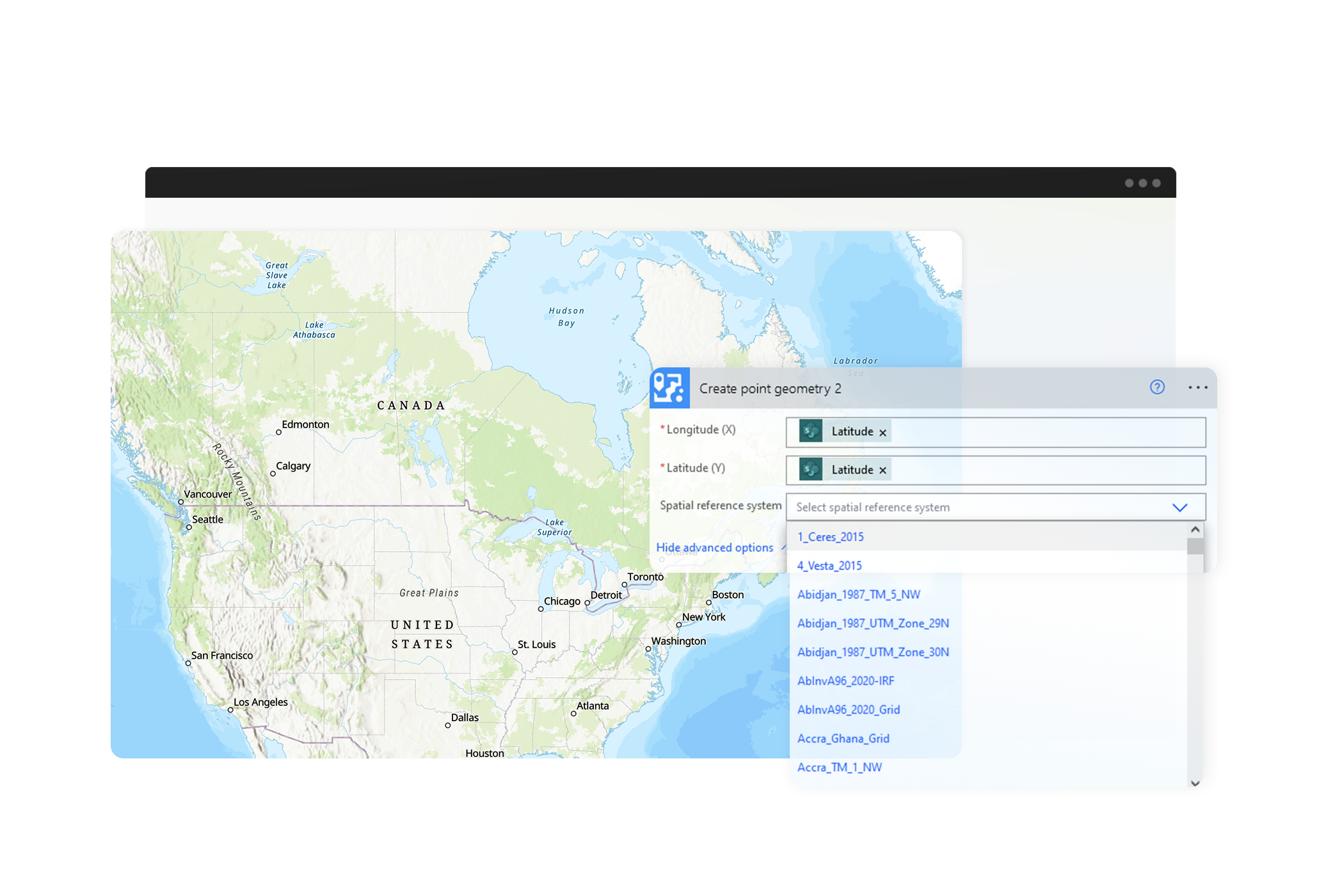  Map of North America with an ArcGIS Connectors for Power Automate pop-up window with the label create  point geometry at the top