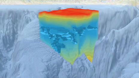 Una capa de vóxel en rojo, amarillo y azul rodeada de gris mostrando los niveles de oxígeno por debajo de la superficie del mar en la Bahía de Monterrey, CA