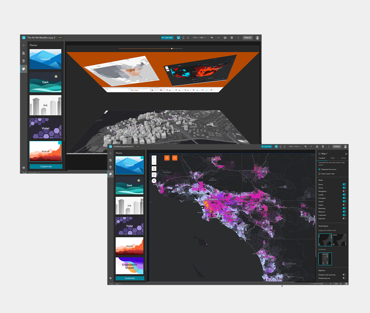 Imagen de Web Map Builder y Experience Builder en dos pantallas de dispositivos