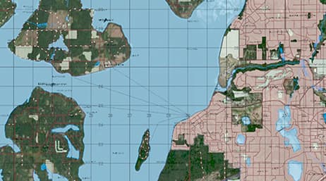 Un mapa topográfico cuadriculado con marcas para carreteras y vías navegables
