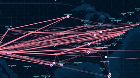 Mapa azul oscuro de la región central superior de Norteamérica superpuesto con líneas rojas para señalar las rutas de vuelo, cartografiado con el software ArcGIS LocateXT de Esri.