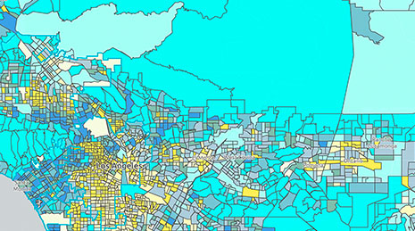 Mapa demográfico con las distintas regiones resaltadas en amarillo y azul