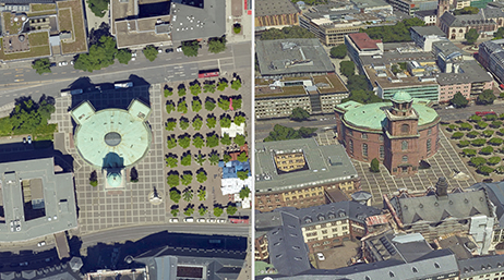 Dos vistas paralelas de una malla 3D realista de un edificio histórico rodeado de otros edificios de varias plantas