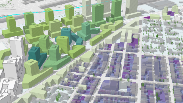 Edificios 3D de color en verde y morado que representan cubiertas transparentes con la máxima altura de edificación permitida