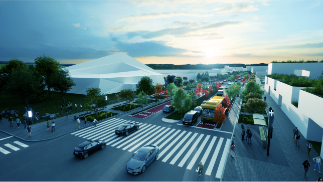 Paisaje urbano virtual con una carretera, coches y edificios blancos que reproduce una nueva propuesta de edificación
