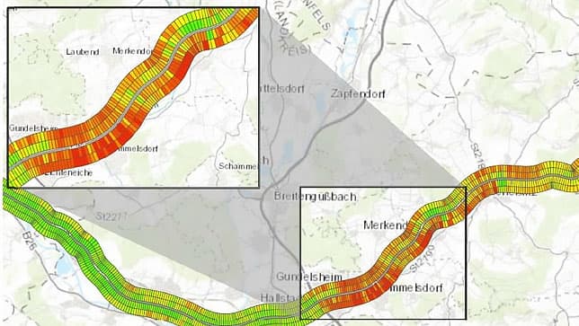Un mapa de Autobahn, que muestra las condiciones de la carretera a lo largo de pequeños segmentos 
