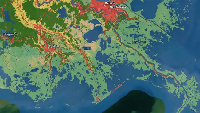 Un mapa que muestra cuántas áreas del sur de los Estados Unidos se verán afectadas por el aumento del nivel del mar