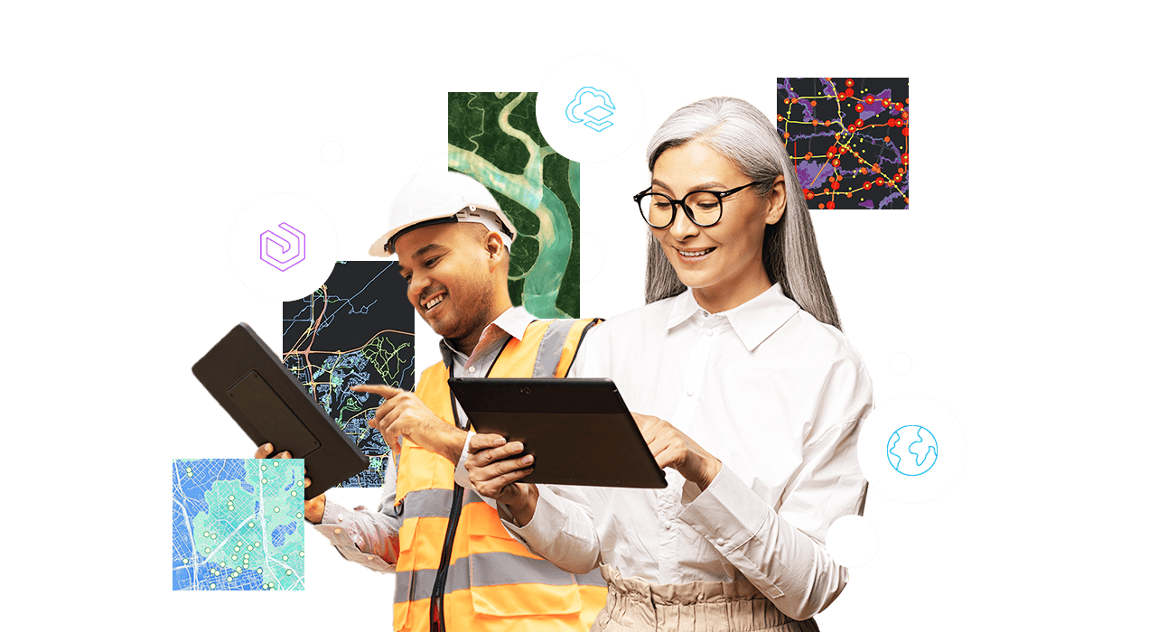 Una mujer profesional y un hombre con casco blanco miran una tablet con imágenes de mapas e iconos circulares.
