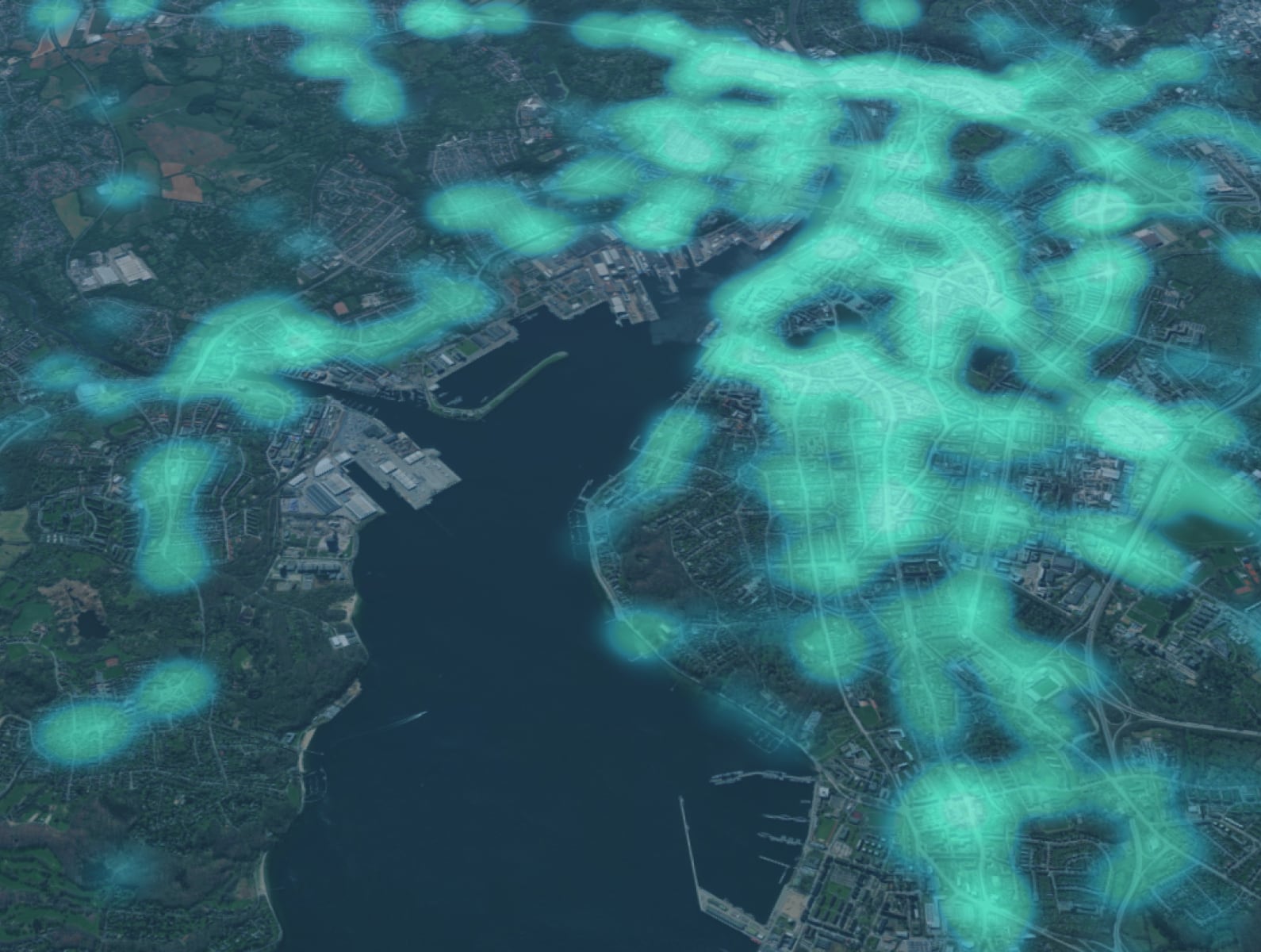 Colorful map with abstract shapes, lines, and dots representing geographical data and city infrastructure.