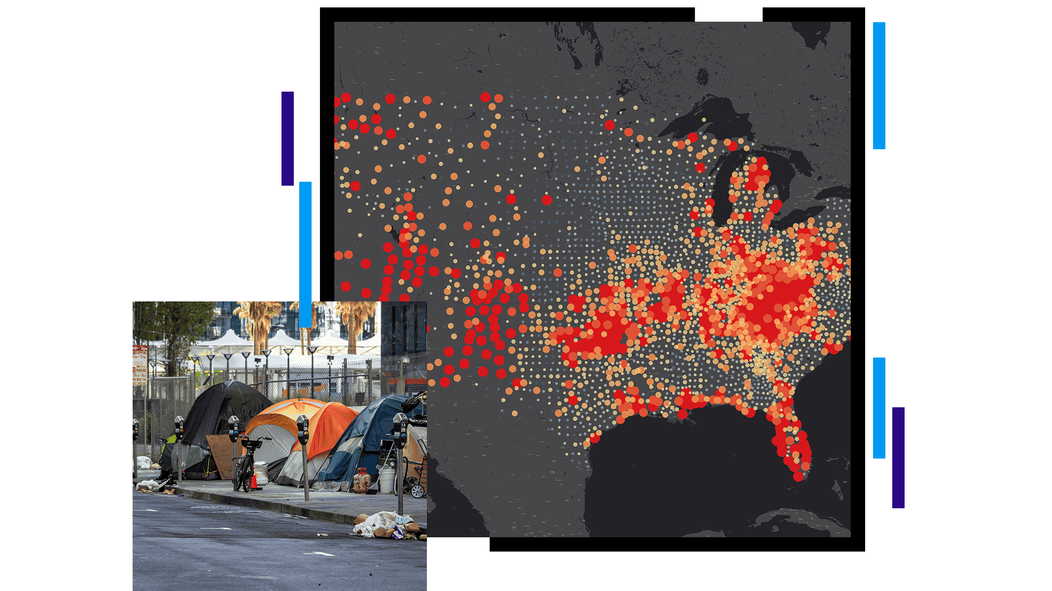Mapa de los Estados Unidos de América con puntos de datos rojos y naranjas, agrupados principalmente en la mitad oriental del país 