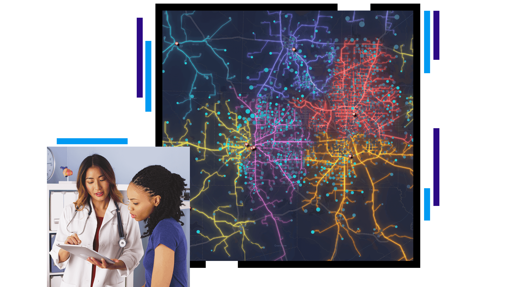 Mapa que representa las ubicaciones y rutas de los servicios sanitarios, y un médico que utiliza una tabla para explicar información a un paciente 