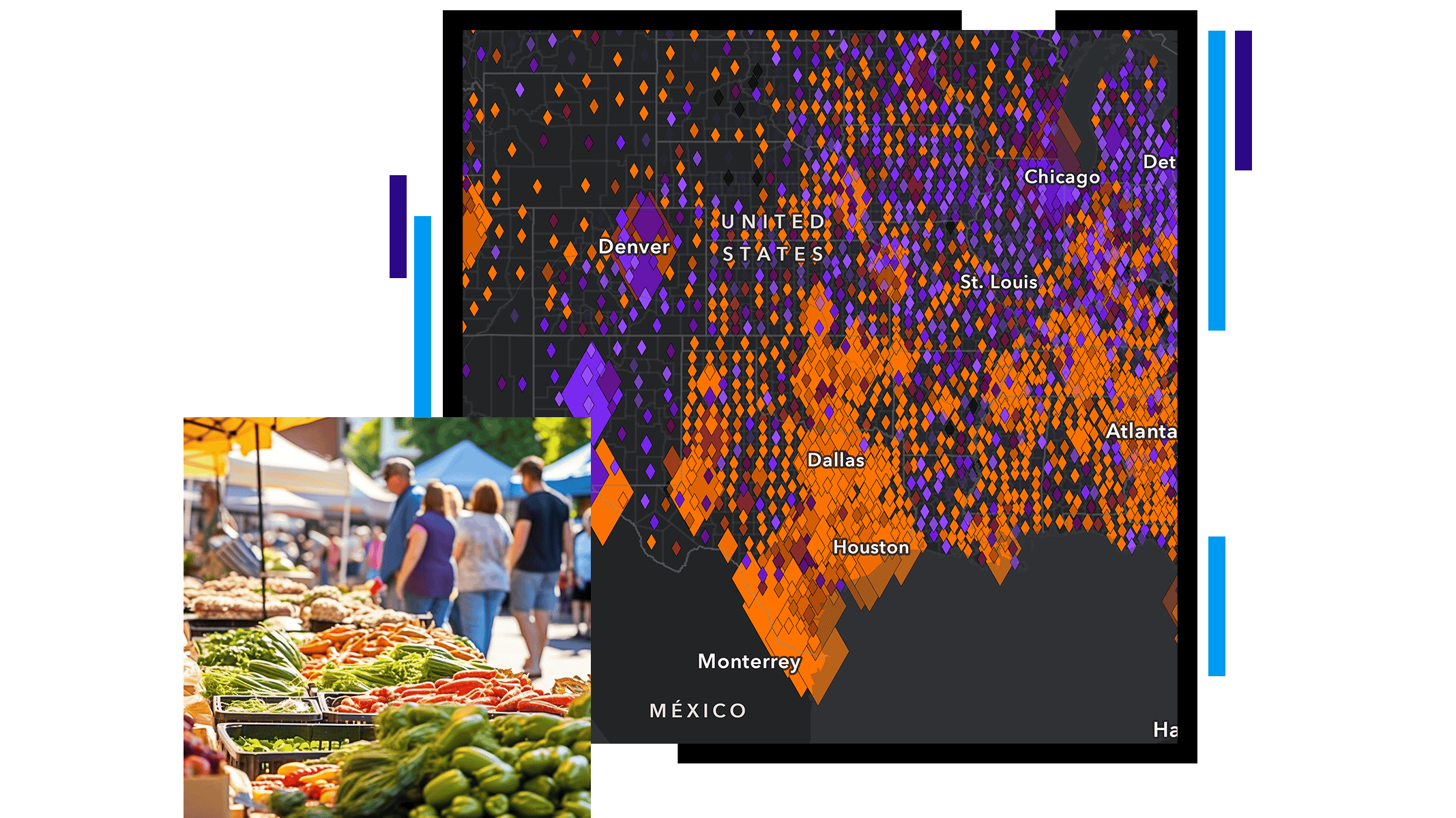 Mapa de Estados Unidos con puntos de datos en forma de rombo en naranja y una foto de expositores de alimentos en un mercado agrícola al aire libre