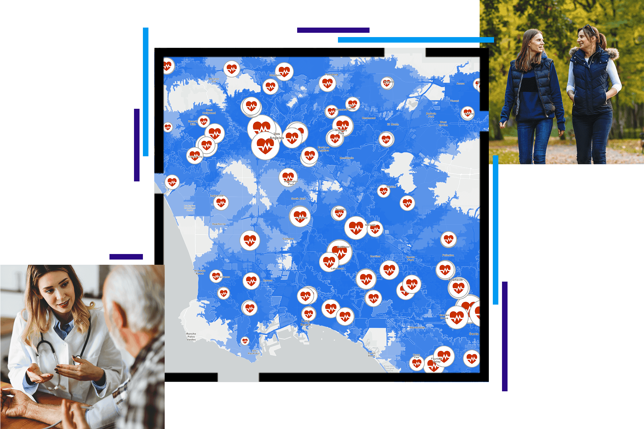 Un médico conversando con un paciente, un mapa que utiliza símbolos de latidos del corazón como puntos de datos y dos personas paseando por un parque 