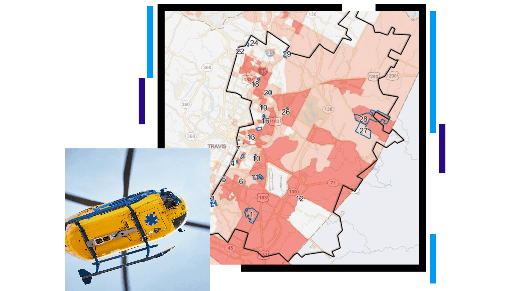 Parte inferior de un helicóptero amarillo y mapa de color rojo y marrón con una gran zona delineada en negro. 