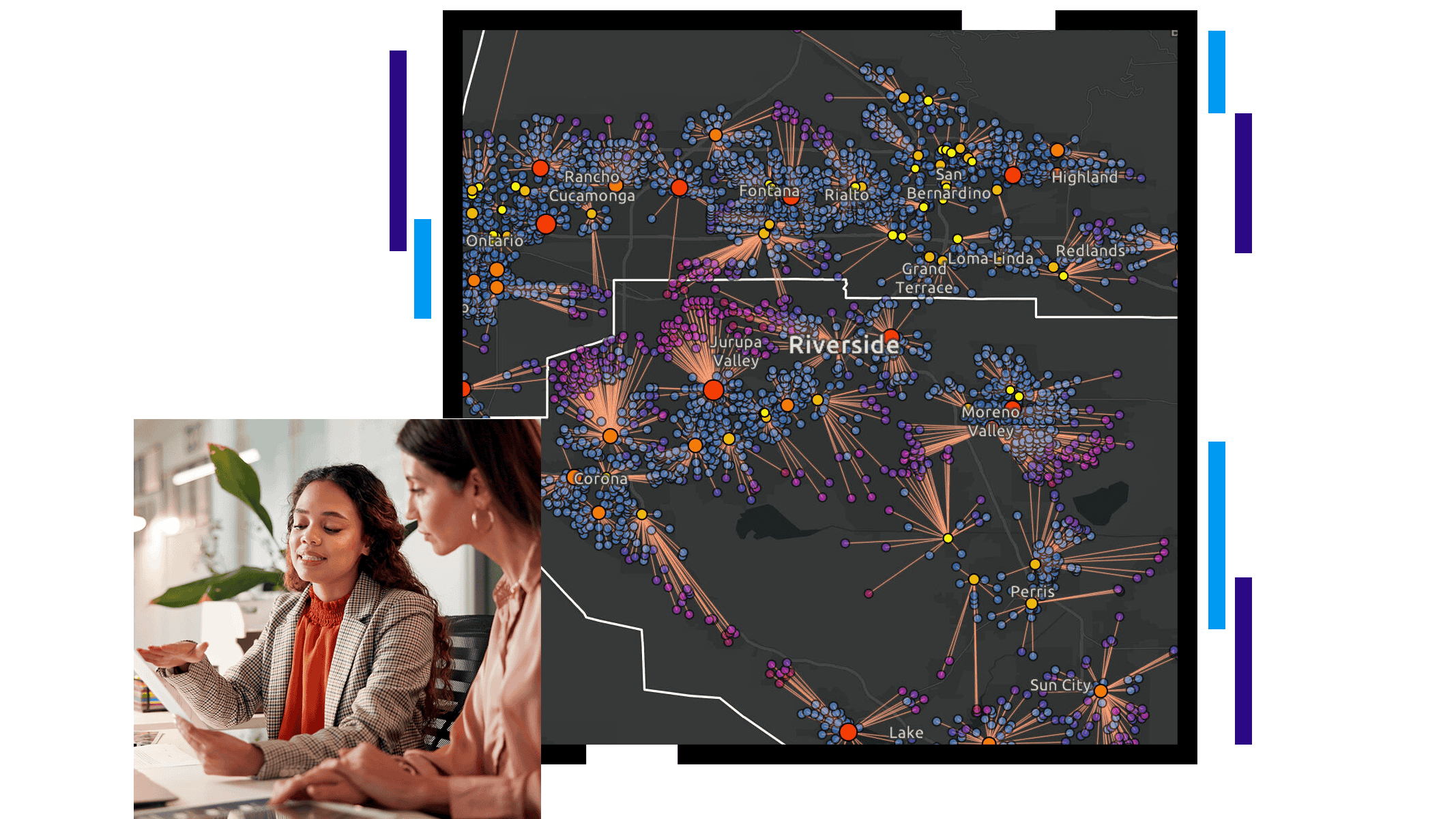 Mapa del condado de Riverside (California) con puntos de datos radiales y una foto de dos personas trabajando juntas en una oficina