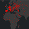Mapa mundial con puntos rojos que indican los brotes de COVID-19