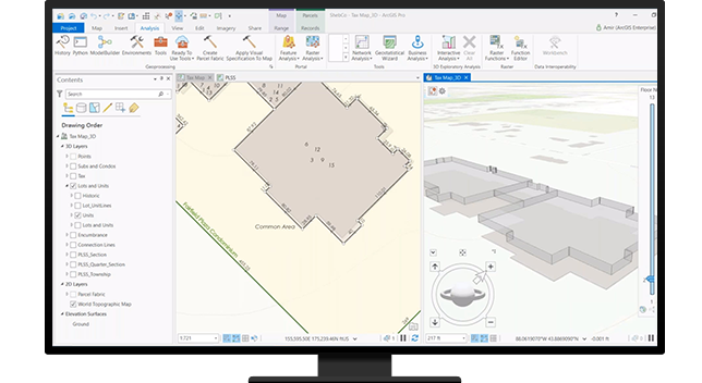 A satellite image shows plots of land along a river with square and circular fields highlighted in blue, orange, and yellow