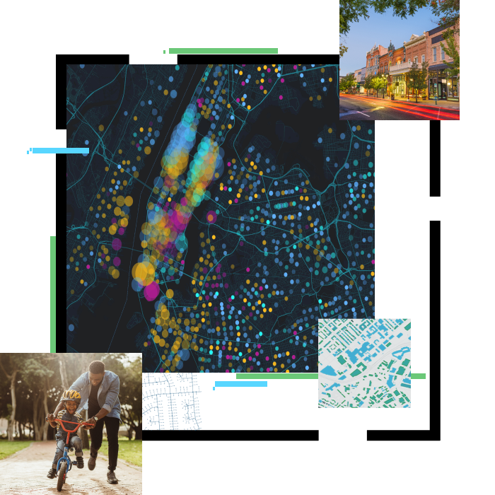 Persona que ayuda a un niño a andar en bicicleta, un mapa oscuro con puntos y regiones de colores brillantes, un edificio y un mapa con áreas sombreadas