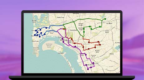 Un gráfico de un monitor de ordenador que muestra un mapa de ruta multicolor sobre un fondo violeta
