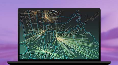 Un gráfico de un monitor de ordenador que muestra un mapa de conexión en verde y negro sobre un fondo violeta