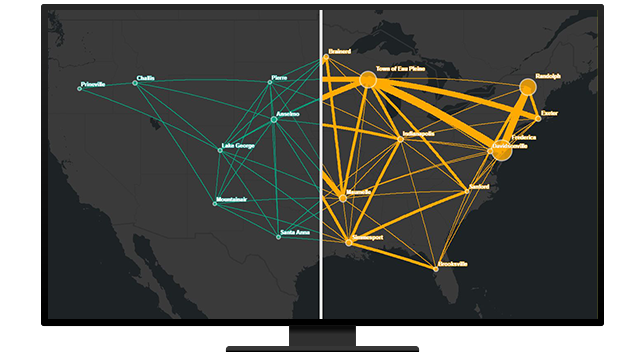 Un gráfico de un monitor de ordenador que muestra un mapa de conexión de América del Norte en gris, verde y amarillo