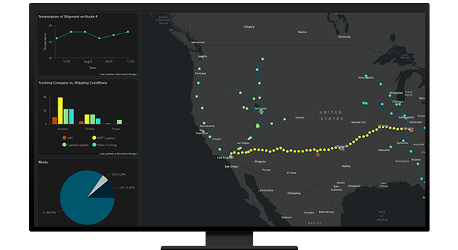 Un gráfico de un monitor de ordenador que muestra un mapa de rutas de carreteras en gris y amarillo, un gráfico de líneas, un gráfico de barras y un gráfico circular