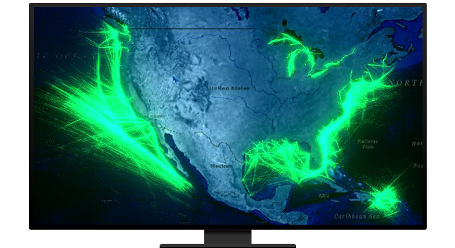 Gráfico de un monitor de ordenador que muestra un mapa de contorno de América del Norte en azul y verde sobre un fondo negro