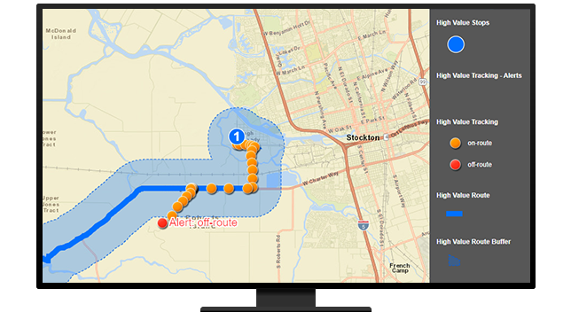 Un gráfico de un monitor de ordenador que muestra puntos de ruta en un mapa de calles en amarillo y azul sobre un fondo beige 