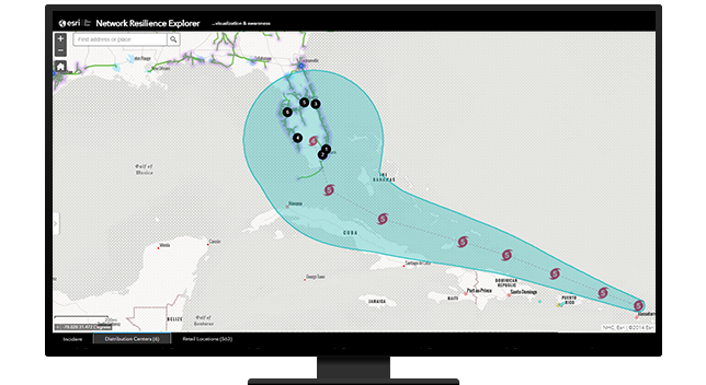 Un gráfico de un monitor de ordenador que muestra el progreso de un tornado a lo largo de una costa en azul sobre un fondo gris
