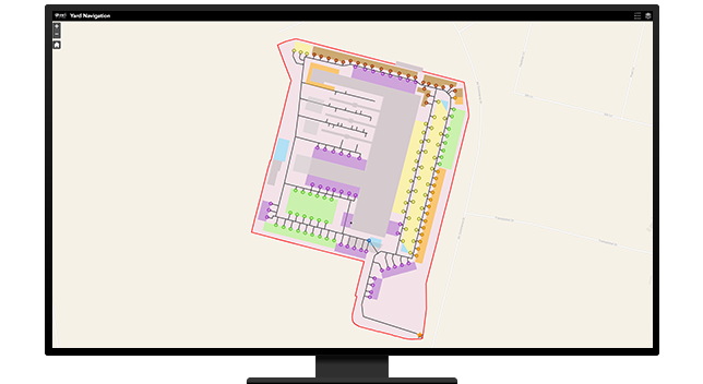 Un gráfico de un monitor de ordenador que muestra un mapa del sitio interior que muestra las ubicaciones de las oficinas en muchos colores sobre un fondo beige
