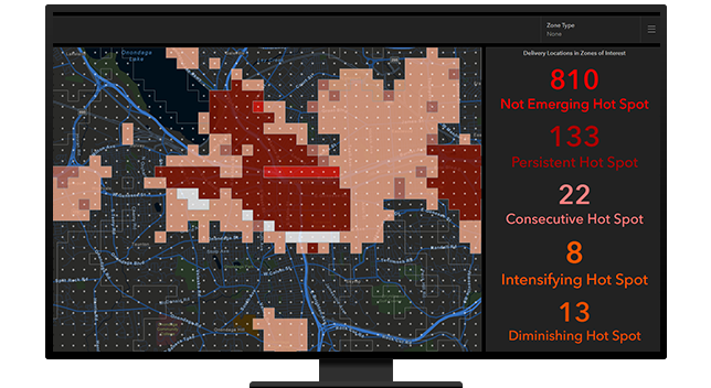Un gráfico de un monitor de ordenador que muestra un cuadro de mando con un mapa de calor en rojo y rosa con una lista de datasets de puntos calientes