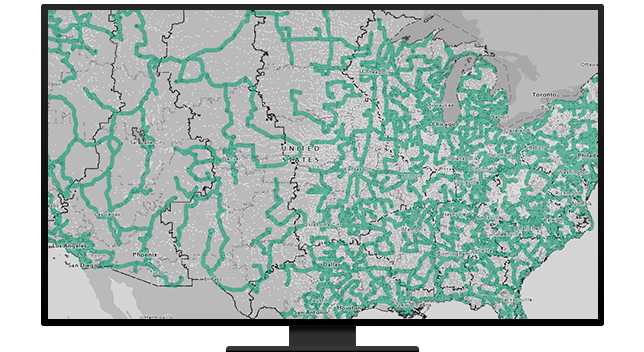 Un gráfico de un monitor de ordeandor que muestra un mapa de carreteras de América del Norte en tonos grises y verdes
