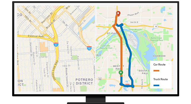 Un gráfico de un monitor de ordenador que muestra un mapa de carreteras a nivel ciudad junto con un mapa de ruta a nivel ciudad