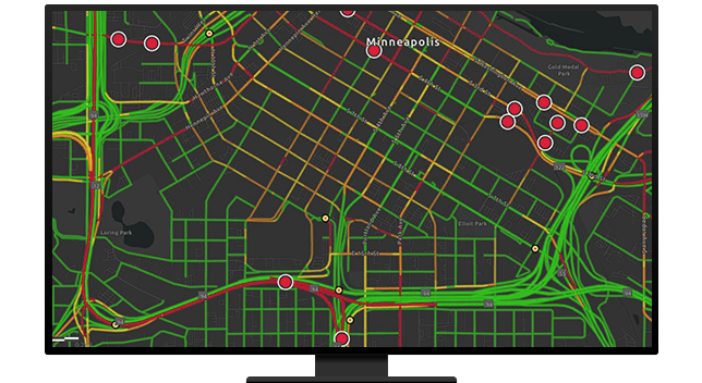 Un gráfico de un monitor de ordenador que muestra autopistas y puntos de ruta en gris oscuro y verde