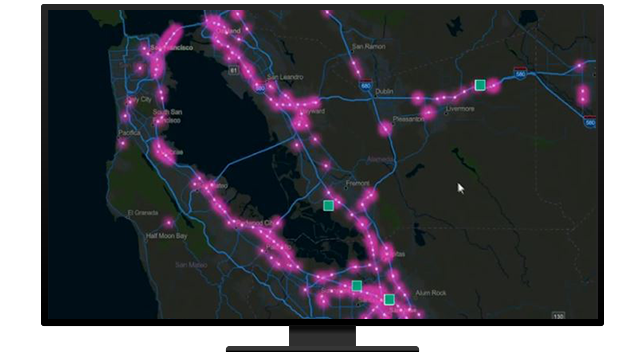 Un gráfico de un monitor de ordenador que muestra los puntos de ruta de la autopista en púrpura sobre un fondo negro