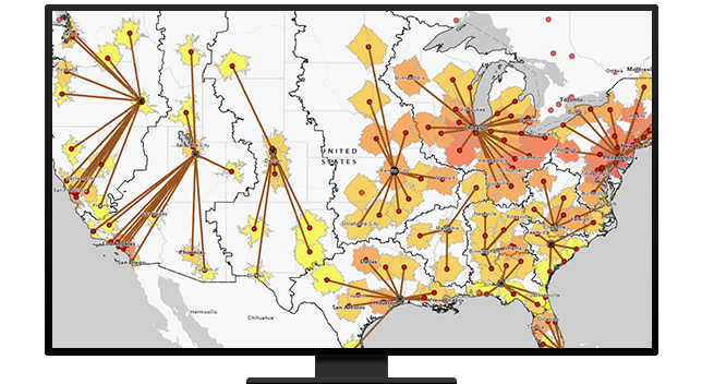 Un gráfico de un monitor de ordenador que muestra un mapa de conexión de América del Norte en amarillo y naranja sobre un fondo blanco.